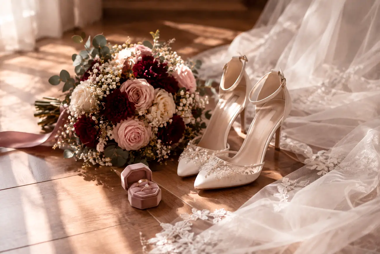 Bouquet, chaussures et alliances de la mariée