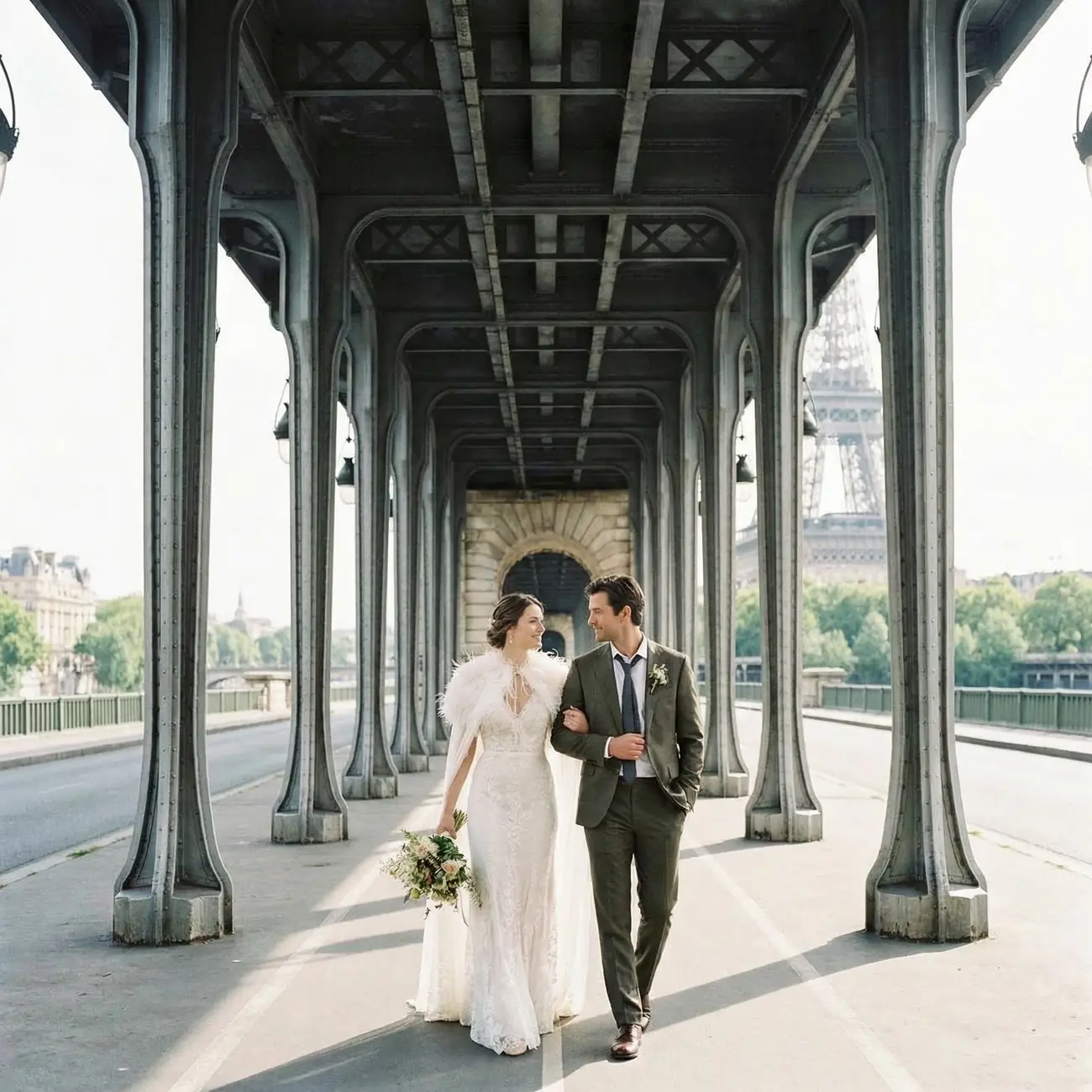 Mariés marchant sur un pont à Paris